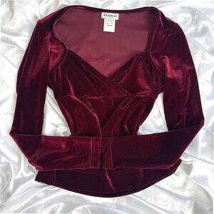 Vintage Wrapper Burgundy Velvet Long Sleeve Top Sweetheart Wrap Blouse Medium